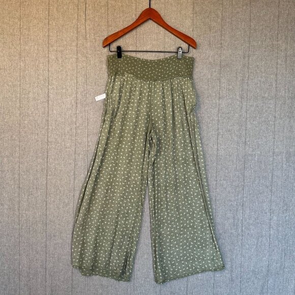 Three Dots Sage Green Ditzy Leaf Print High Rise Wide Leg Palazzo Pants Size XL - Picture 7 of 11